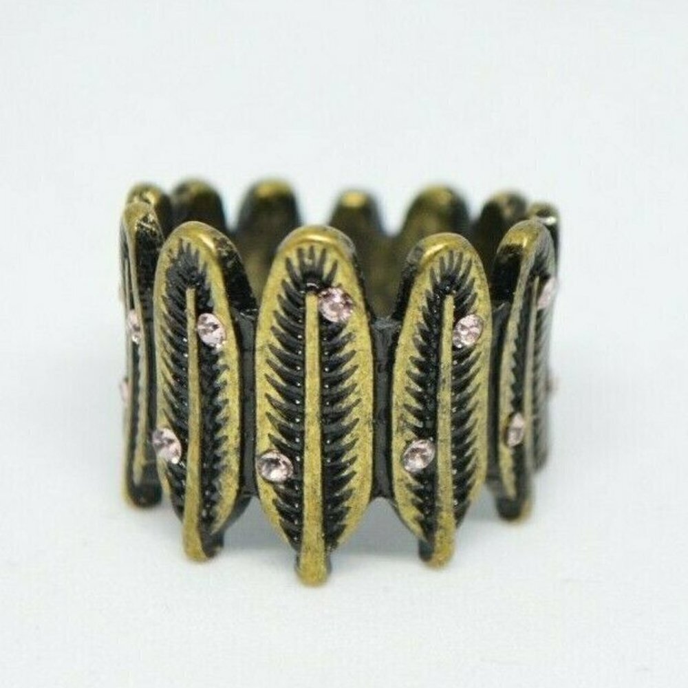 Pink Rhinestone Gold Tone Feather Modernist Ring